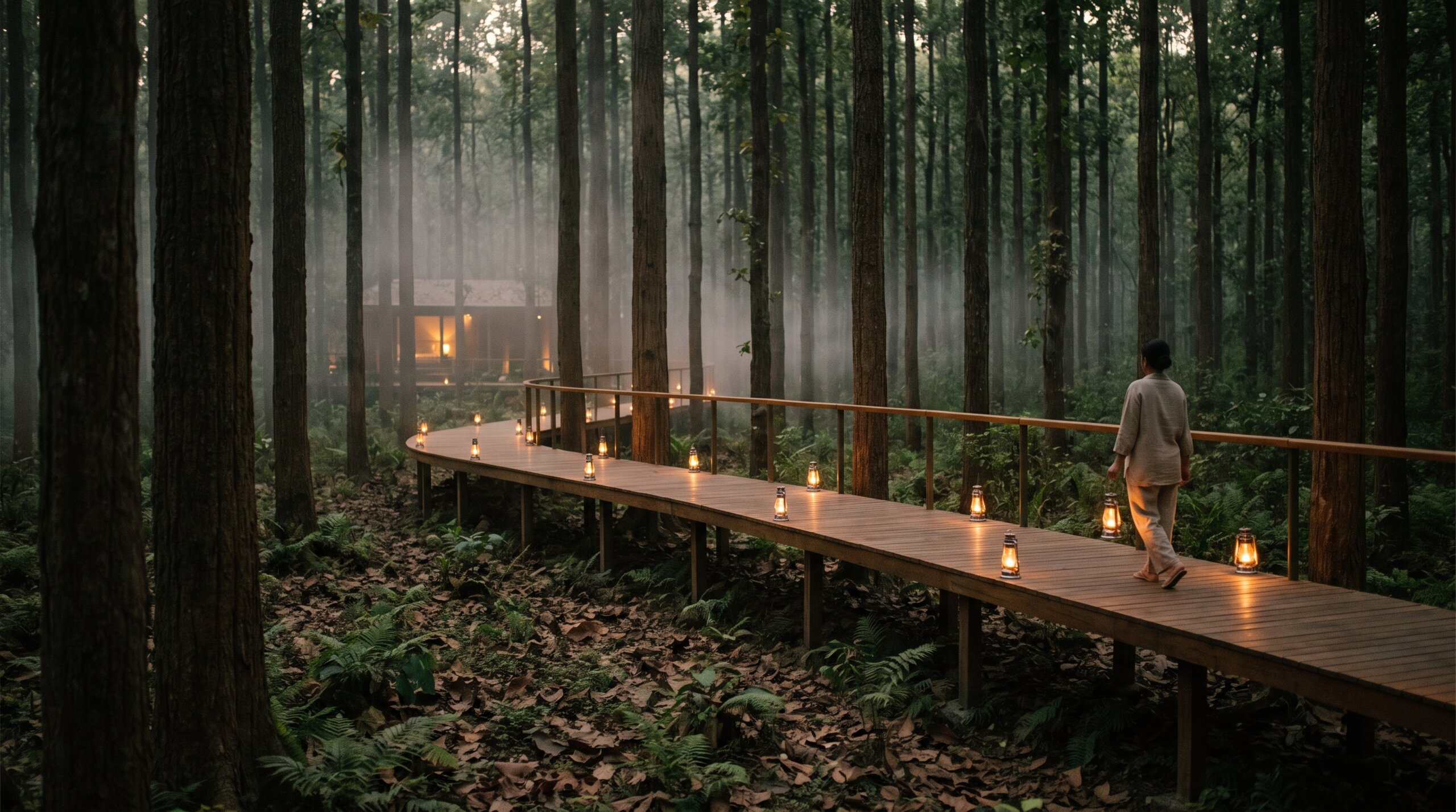 A lantern-lit walk under the trees