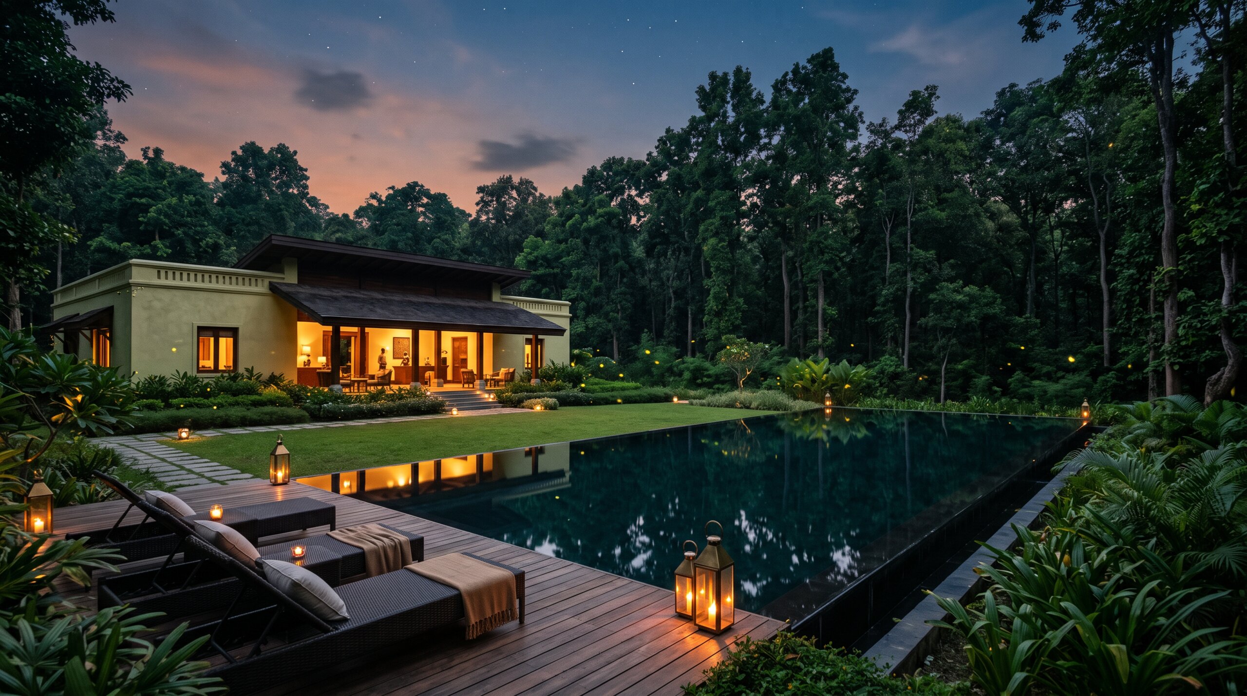 The clearing at dusk — lodge, dining and pool in one room the forest closes