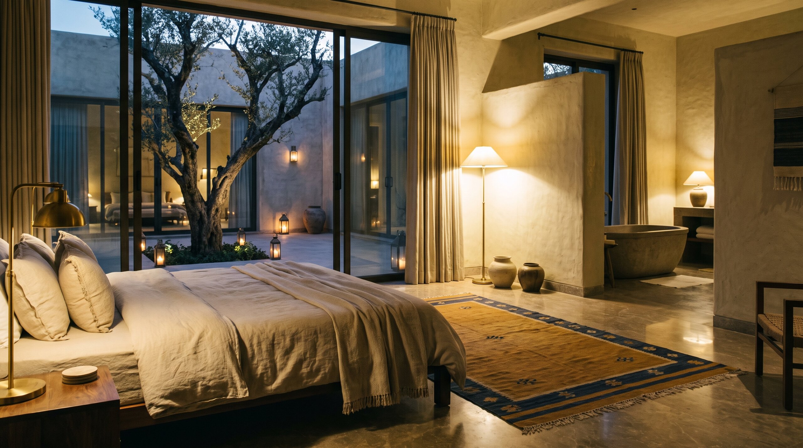 Inside a villa, lamplight on lime