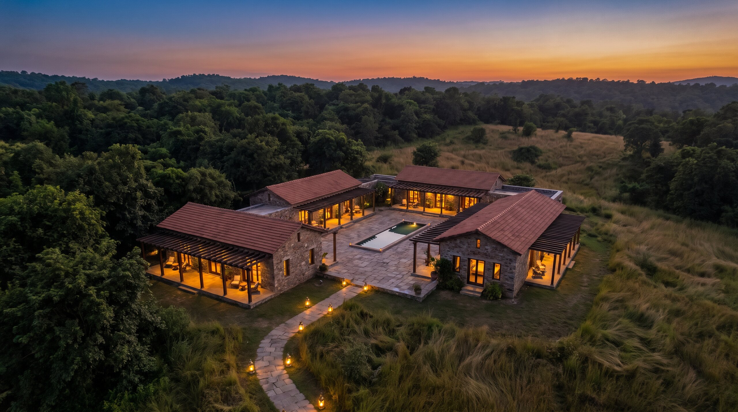 The estate glowing at dusk