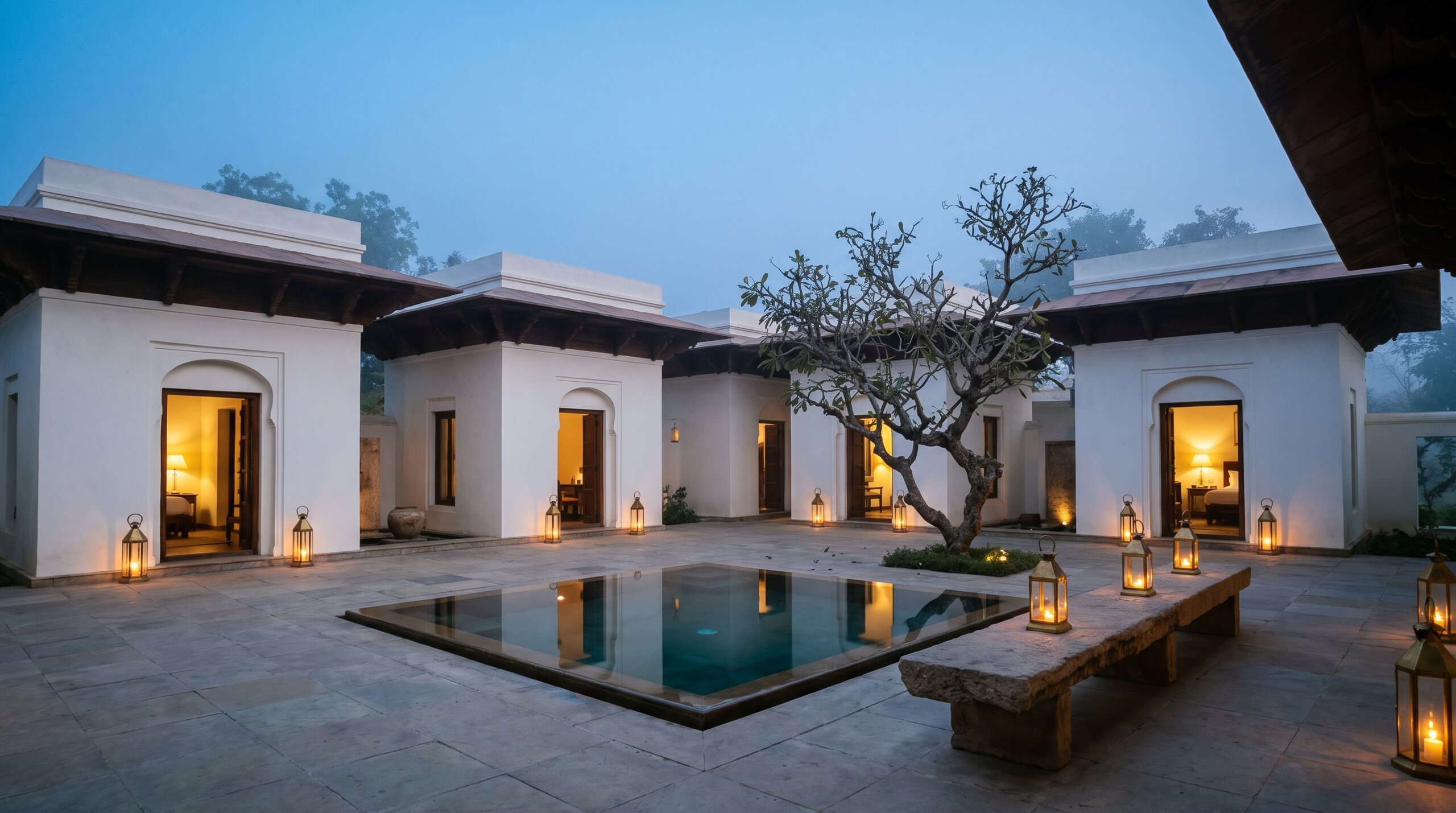 The Estate courtyard at dusk