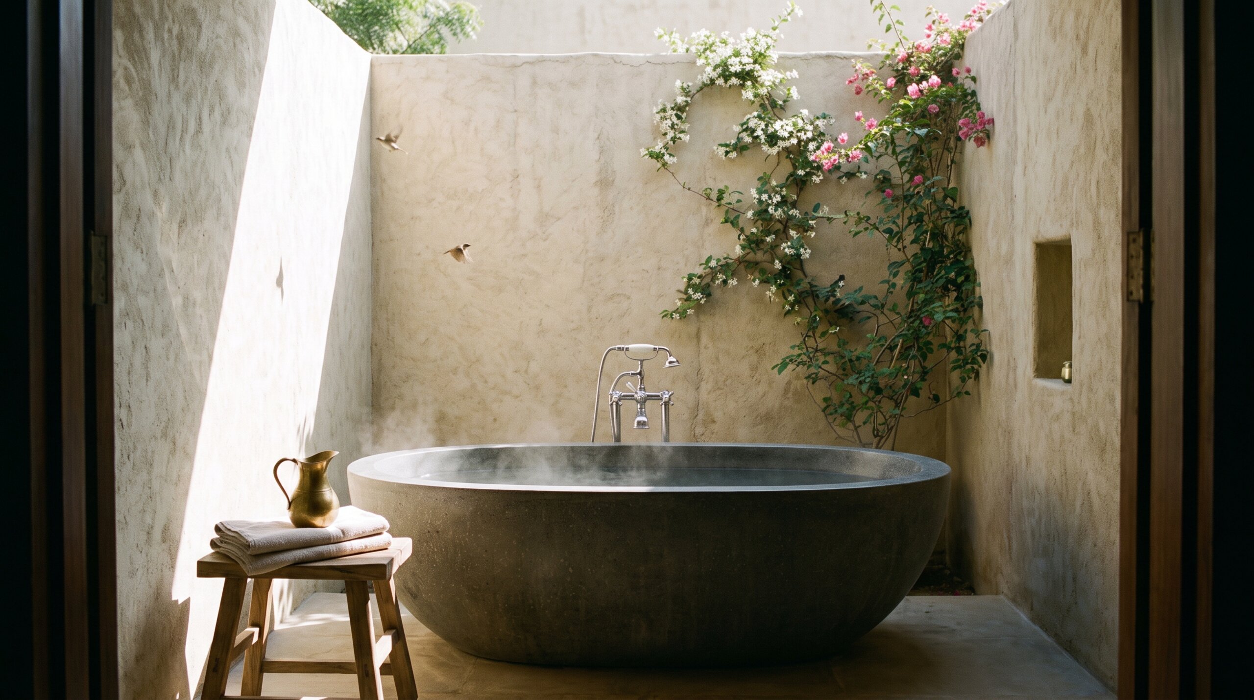 A stone tub in an open-air bathing court, morning light