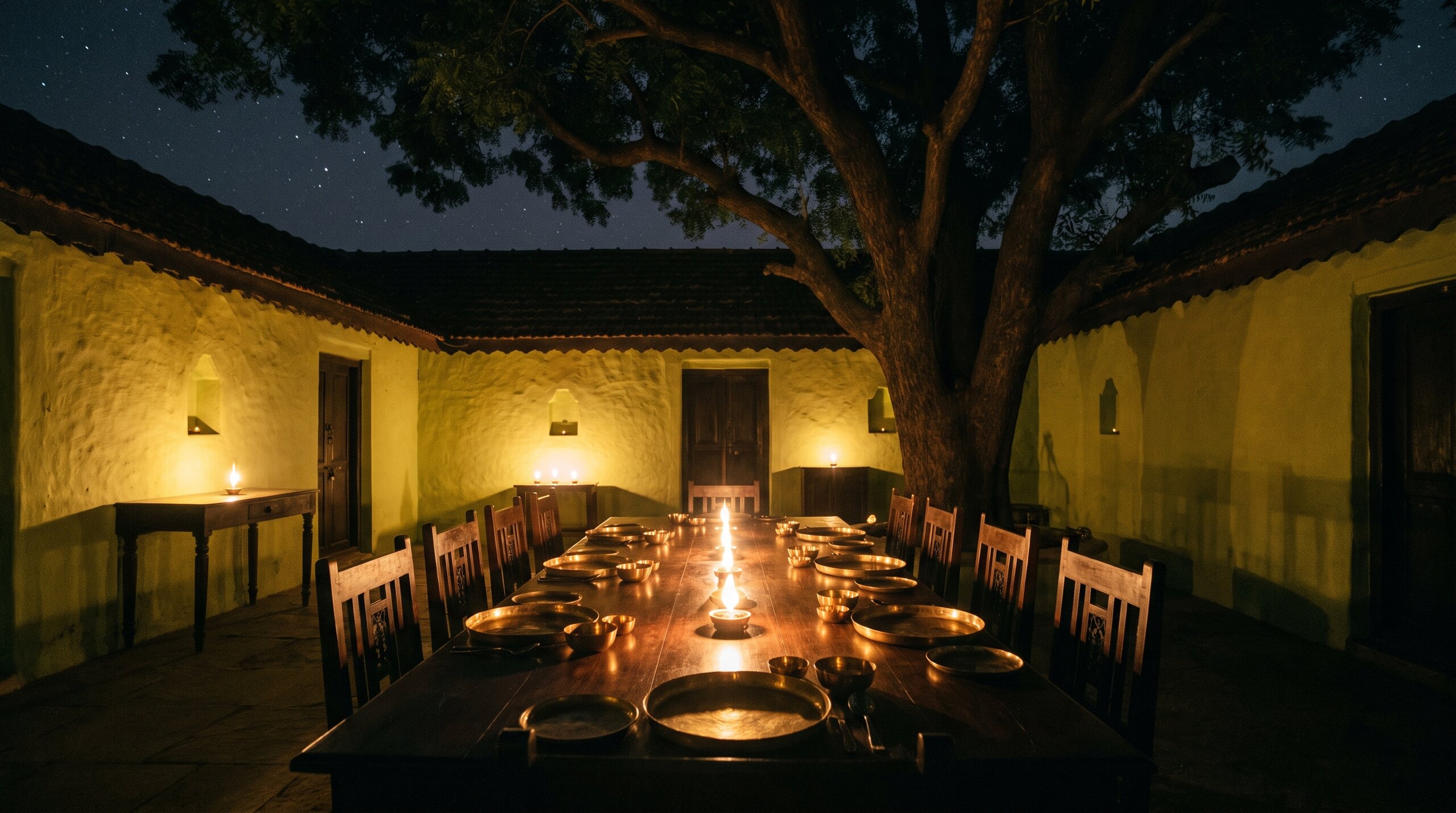 Oil lamps down the length of the table