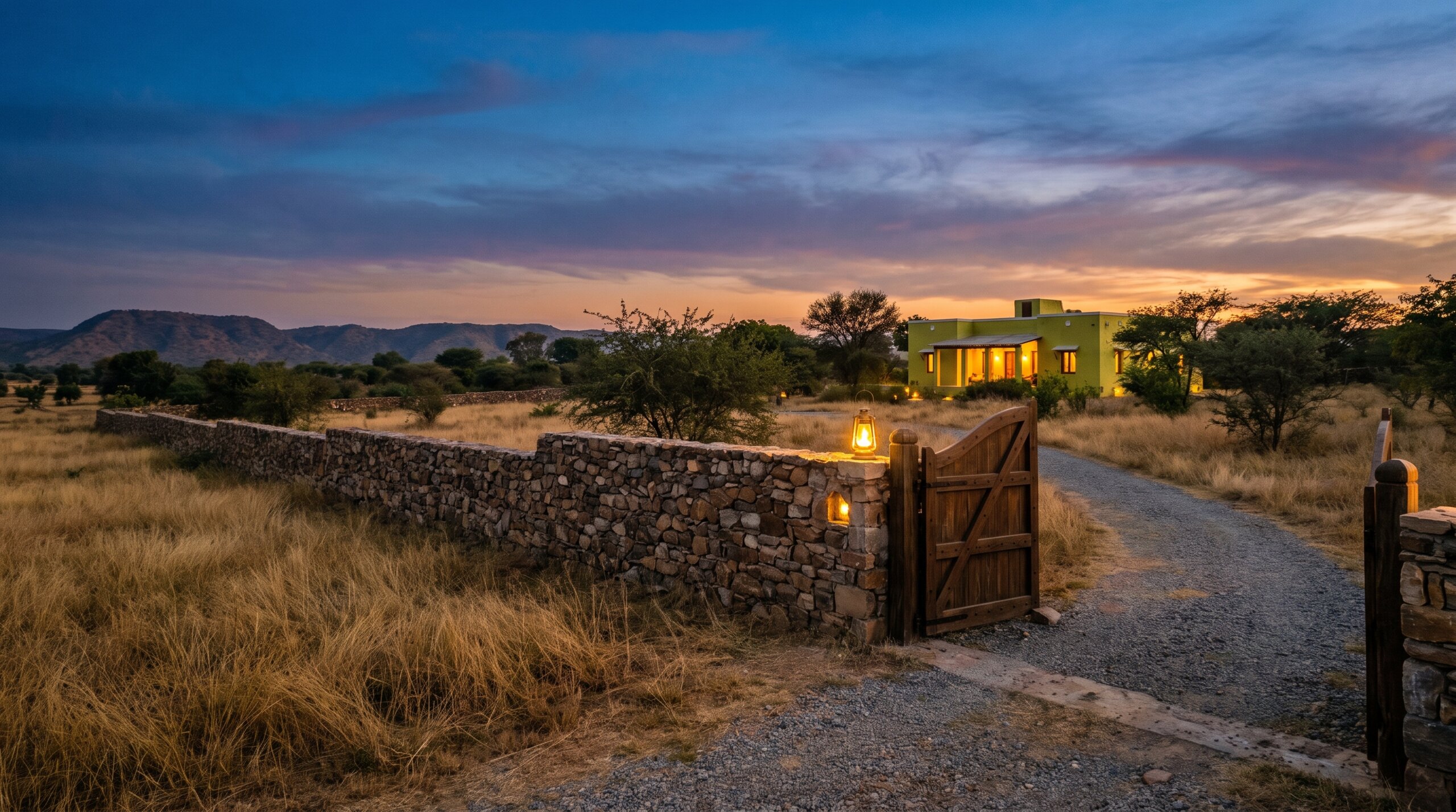 A timber gate standing open in a long stone wall at dusk